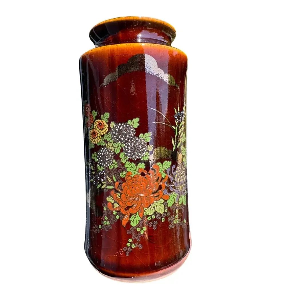 Vintage Japanese Brown Floral Chrysanthemum Ceramic Vase Hand Painted